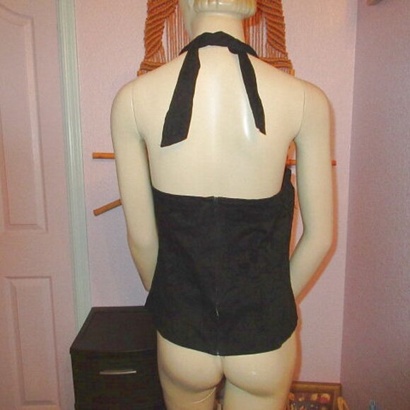 Vintage Y2K Flocked Velvet Halter Top Size M Skulls Bows Pin Up Rockabilly Vamp - Picture 8 of 12